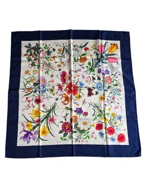 Vtg Gucci V. Accornero Silk Butterfly Floral Print Hand Rolled Scarf 34" x 34"